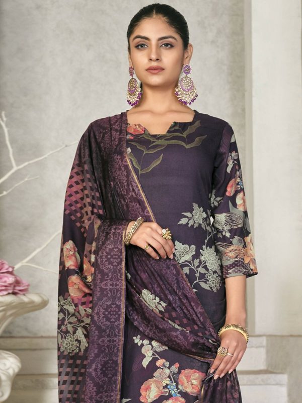 Aastha Fashion Women s Violet Pashmina Floral Digital Printed Kurta with Trouser & Dupatta Online now