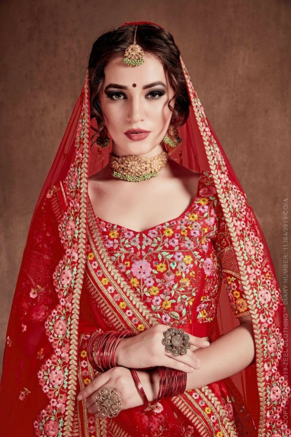 Aastha Fashion Women s Flattering Red Colored Designer Bridal Wear Embroidered Lehenga Choli For Discount