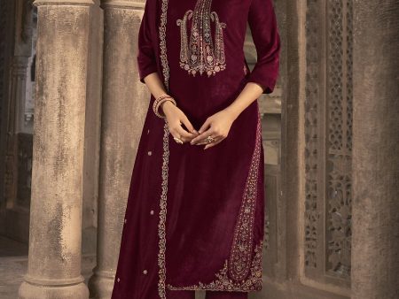 Aastha Fashion Women s Maroon Velvet Floral Resham Thread with Jari work Kurta with Trouser & Dupatta For Discount