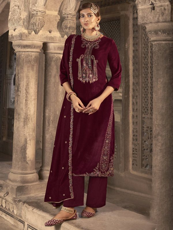 Aastha Fashion Women s Maroon Velvet Floral Resham Thread with Jari work Kurta with Trouser & Dupatta For Discount