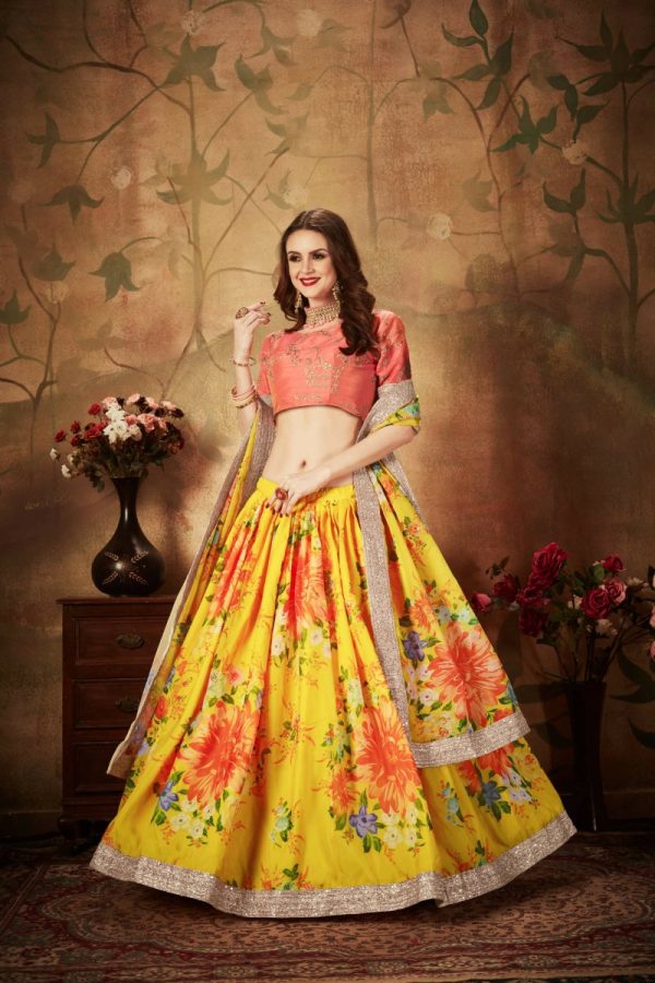 Aastha Fashion Women s Yellow Digital Printed Organza Silk Wedding Lehenga Choli With Orange Blouse Hot on Sale