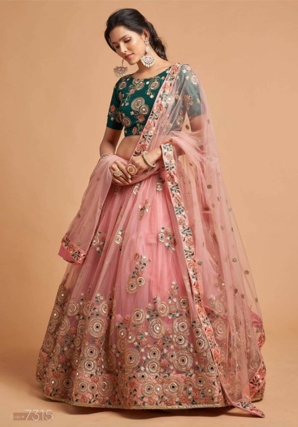 Aastha Fashion Women s Amazing Peach Thread Embroidered Net Wedding Lehenga Choli Fashion