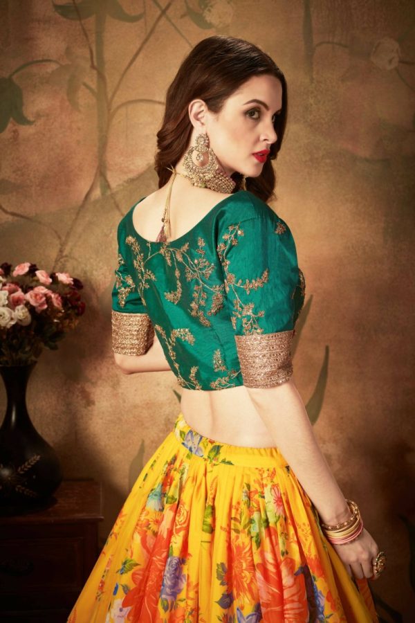 Aastha Fashion Women s Yellow-Green Floral Digital Printed Organza Bridal Lehenga Choli Sale