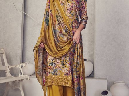 Aastha Fashion Women s Mustard Pure Pashmina Digital Print with Jacquard Woven Kurta with Trouser & Dupatta Online Sale