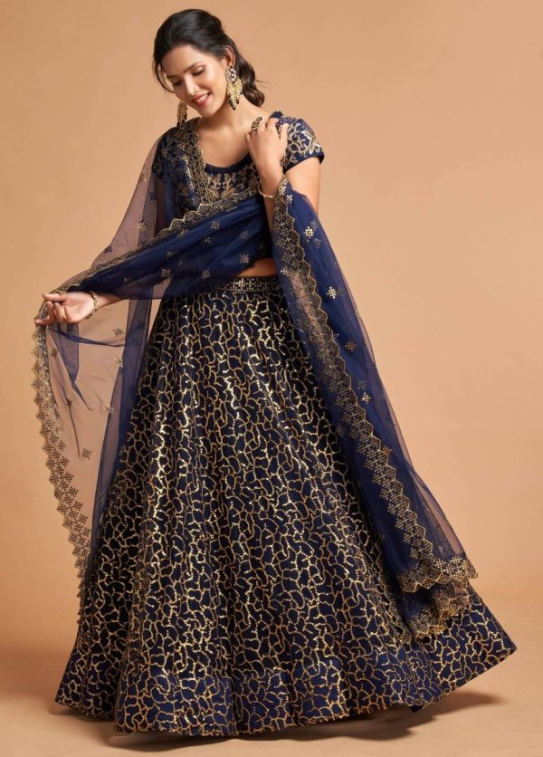 Aastha Fashion Women s Wonderful Navy Blue Thread Embroidered Net Party Wear Lehenga Choli Discount