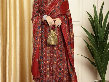 Aastha Fashion Women s Maroon Pashmina Floral Digital Printed Kurta with Trouser & Dupatta Discount