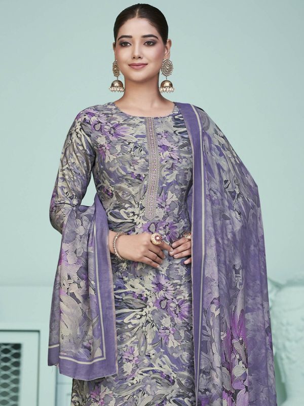 Aastha Fashion Women s Purple Muslin Digital Print with Resham Thread work Kurta with Trouser & Dupatta on Sale