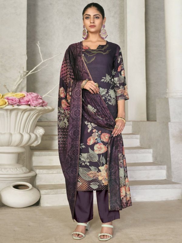 Aastha Fashion Women s Violet Pashmina Floral Digital Printed Kurta with Trouser & Dupatta Online now