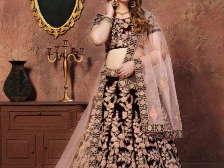 Aastha Fashion Women s Dark Maroon Thread Embroidery Velvet Silk Bridal Lehenga Choli Cheap