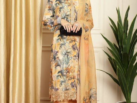 Aastha Fashion Women s Multicolor Muslin Digital Printed with Embroidered Lace work Kurta with Trouser & Dupatta Online Sale