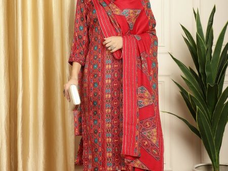 Aastha Fashion Women s Red Pashmina Floral Digital Printed Kurta with Trouser & Dupatta For Sale