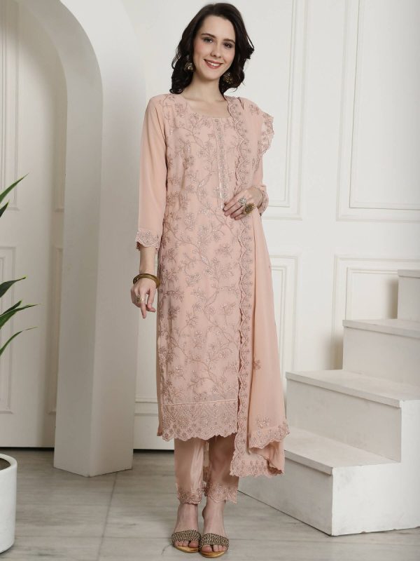 Aastha Fashion Women s Peach Georgette Floral Resham Thread with Cording & Crystal work Kurta with Trouser & Dupatta For Sale