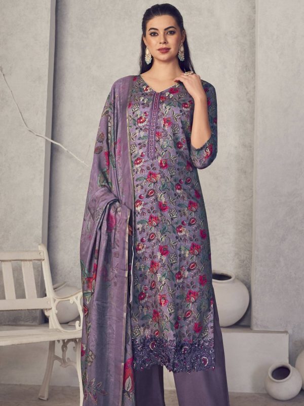 Aastha Fashion Women s Purple Pure Pashmina Digital Print with Jacquard Woven Kurta with Trouser & Dupatta Online Hot Sale