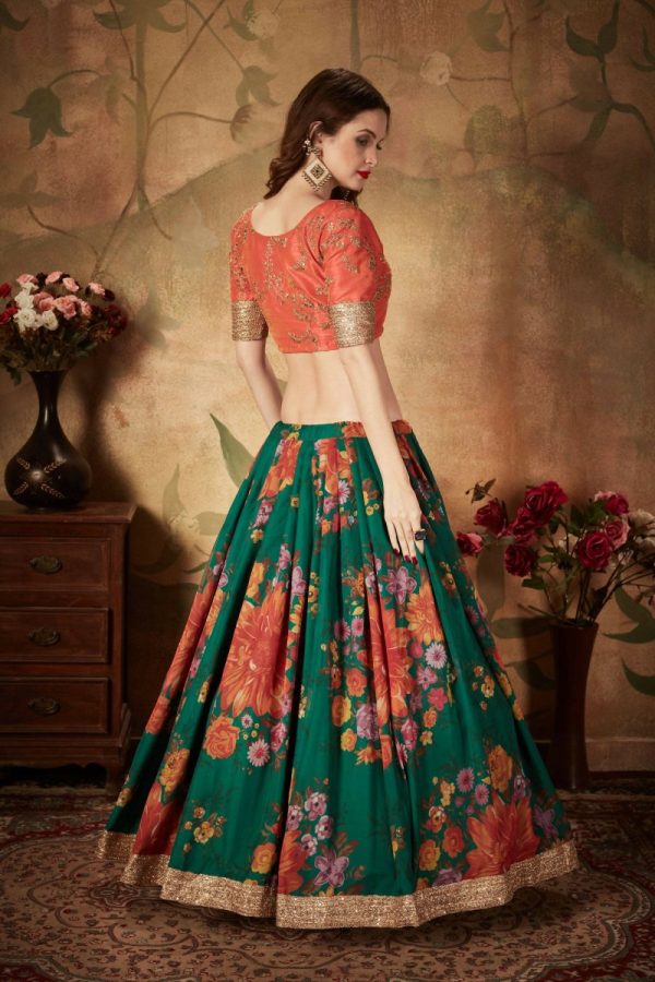 Aastha Fashion Women s Refreshing Dark Green Floral Print Organza Silk Wedding Lehenga Choli With Orange Blouse Sale