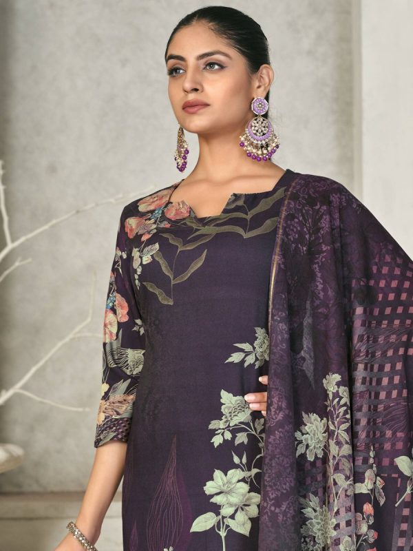 Aastha Fashion Women s Violet Pashmina Floral Digital Printed Kurta with Trouser & Dupatta Online now