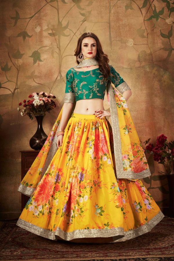 Aastha Fashion Women s Yellow-Green Floral Digital Printed Organza Bridal Lehenga Choli Sale