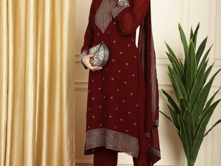 Aastha Fashion Women s Maroon Georgette Resham Thread & Sequin Kurta with Trouser & Dupatta Hot on Sale