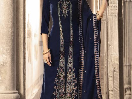 Aastha Fashion Women s Navy Blue Velvet Floral Resham Thread with Jari work Kurta with Trouser & Dupatta Fashion