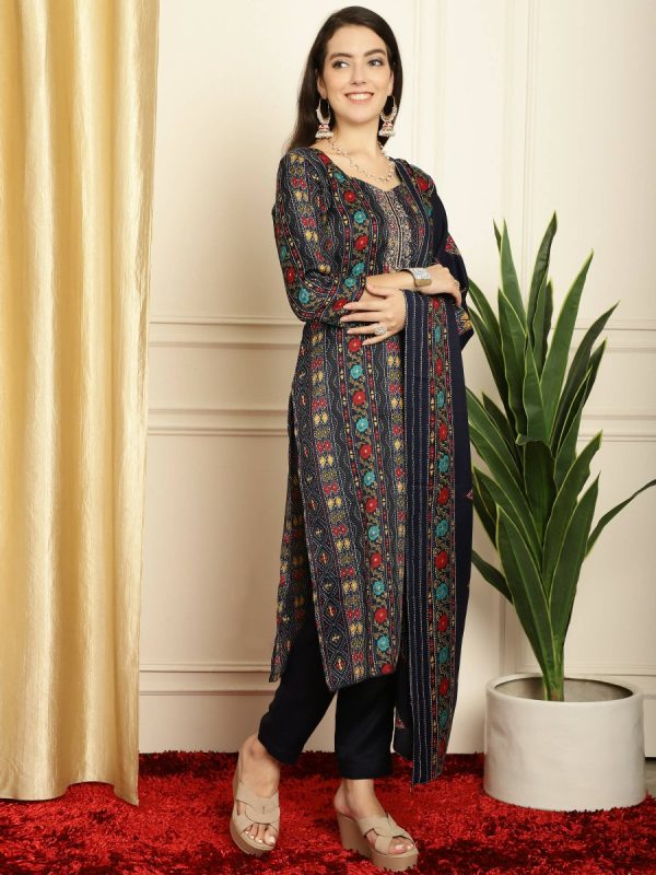 Aastha Fashion Women s Navy Blue Pashmina Floral Digital Printed Kurta with Trouser & Dupatta Sale