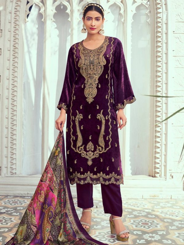 Aastha Fashion Women s Purple Velvet Cording with Digital Printed Kurta with Trouser & Dupatta Online