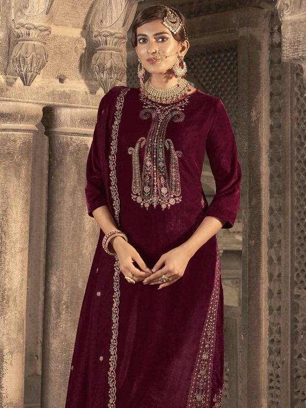 Aastha Fashion Women s Maroon Velvet Floral Resham Thread with Jari work Kurta with Trouser & Dupatta For Discount