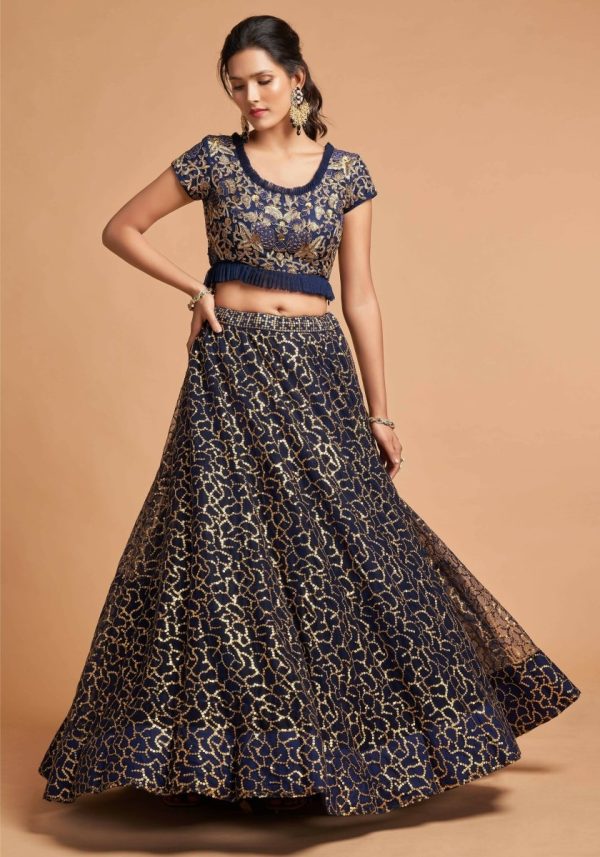 Aastha Fashion Women s Wonderful Navy Blue Thread Embroidered Net Party Wear Lehenga Choli Discount