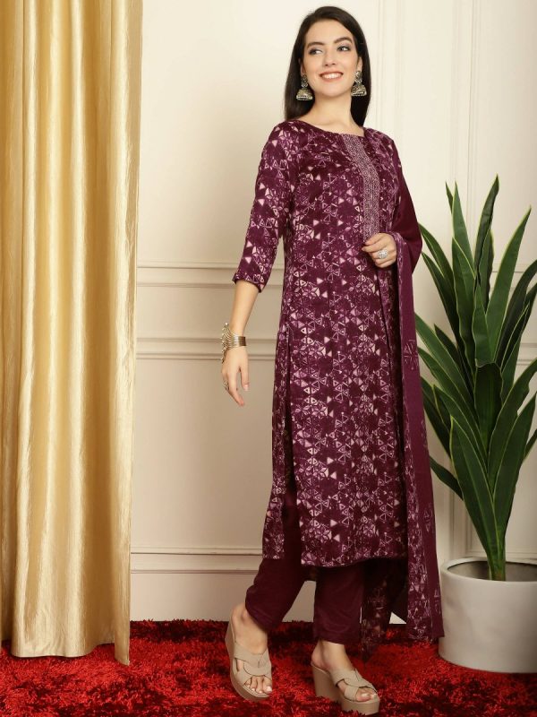 Aastha Fashion Women s Wine Pashmina Floral Digital Printed Kurta with Trouser & Dupatta Online Sale