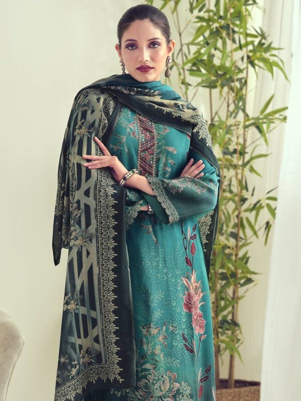 Aastha Fashion Women s Teal Muslin Floral Digital Print with Resham Thread work Kurta with Trouser & Dupatta on Sale