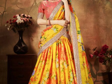 Aastha Fashion Women s Yellow Digital Printed Organza Silk Wedding Lehenga Choli With Orange Blouse Hot on Sale