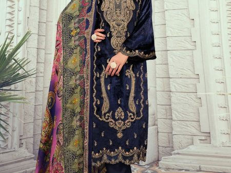 Aastha Fashion Women s Navy Blue Velvet Cording with Digital Printed Kurta with Trouser & Dupatta Online Sale