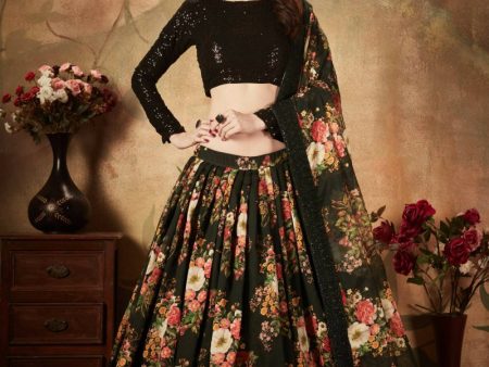 Aastha Fashion Women s Mesmerizing Black Floral Print Organza Silk Wedding Lehenga Choli Cheap