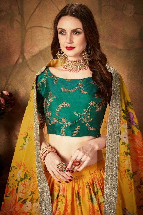 Aastha Fashion Women s Yellow-Green Floral Digital Printed Organza Bridal Lehenga Choli Sale