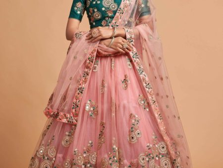 Aastha Fashion Women s Amazing Peach Thread Embroidered Net Wedding Lehenga Choli Fashion