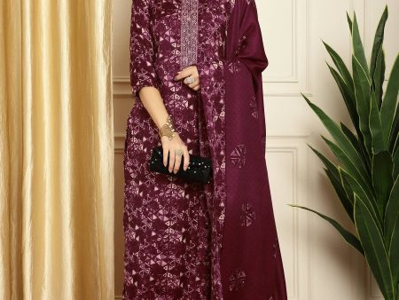 Aastha Fashion Women s Wine Pashmina Floral Digital Printed Kurta with Trouser & Dupatta Online Sale