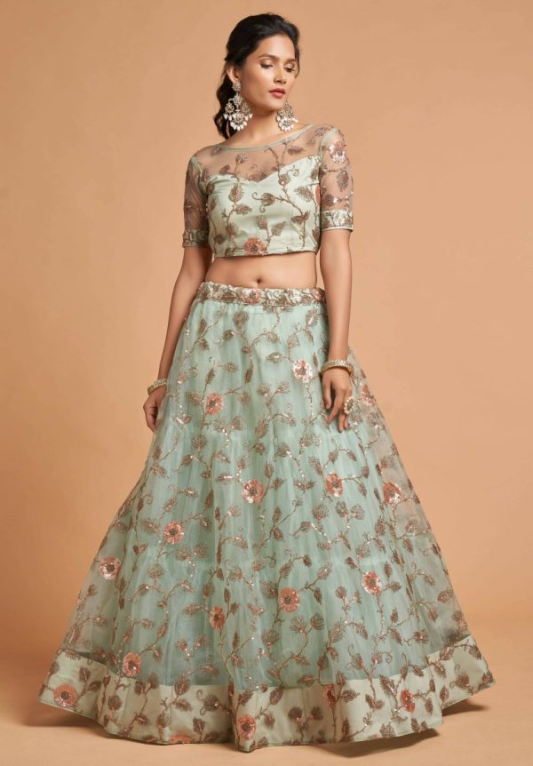 Aastha Fashion Women s Remarkable Pista Green Thread Net Party Wear Lehenga Choli Discount