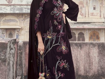 Aastha Fashion Women s Wine Velvet Resham Thread with Jari & Sequin Kurta with Trouser & Dupatta Fashion