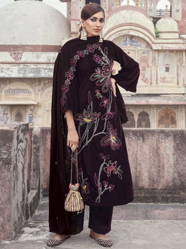 Aastha Fashion Women s Wine Velvet Resham Thread with Jari & Sequin Kurta with Trouser & Dupatta Fashion