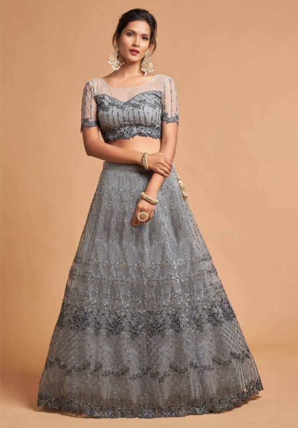 Aastha Fashion Women s Great Grey Zari Embroidered Net Party Wear Lehenga Choli Supply