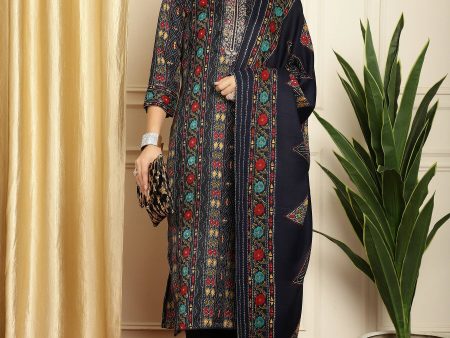 Aastha Fashion Women s Navy Blue Pashmina Floral Digital Printed Kurta with Trouser & Dupatta Sale