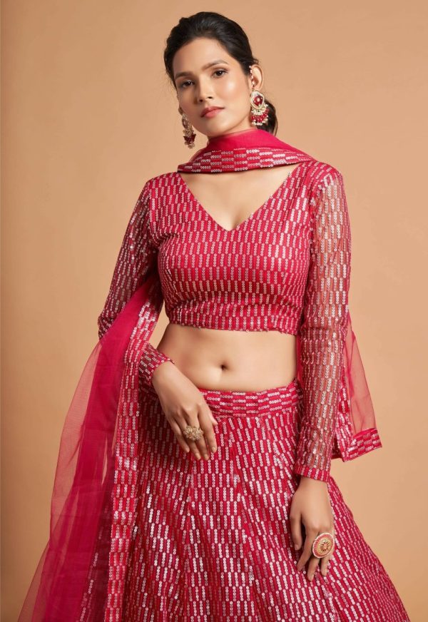 Aastha Fashion Women s Superb Hot Pink Thread Embroidered Net Party Wear Lehenga Choli on Sale