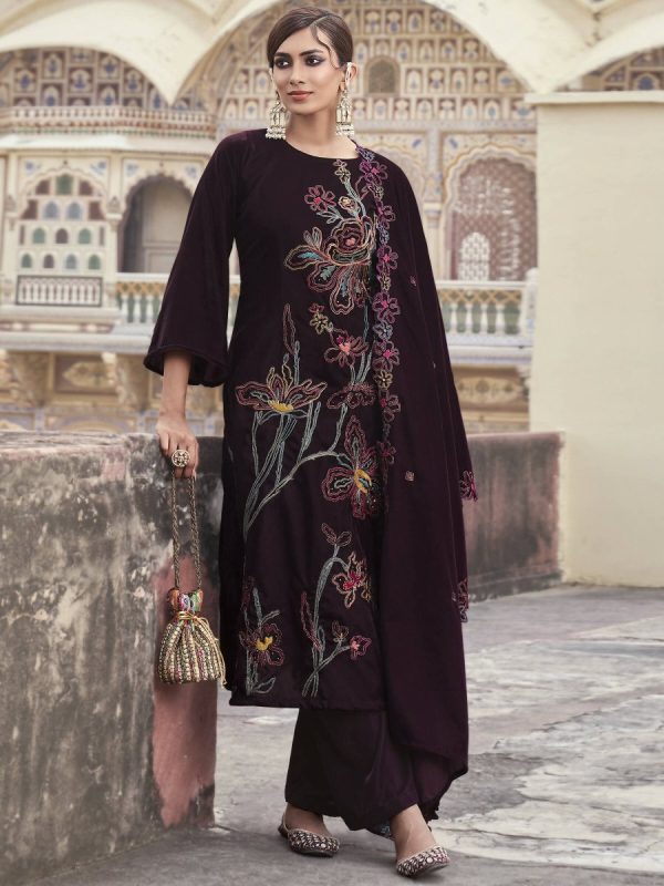 Aastha Fashion Women s Wine Velvet Resham Thread with Jari & Sequin Kurta with Trouser & Dupatta Fashion