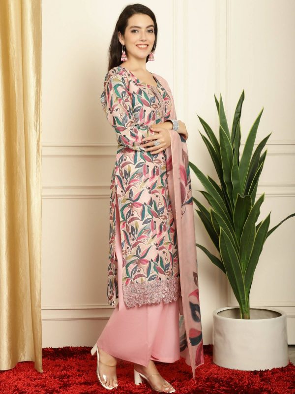 Aastha Fashion Women s Pink Muslin Digital Printed with Embroidered Lace work Kurta with Trouser & Dupatta For Sale