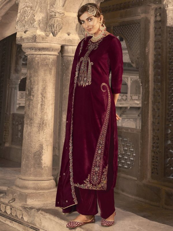 Aastha Fashion Women s Maroon Velvet Floral Resham Thread with Jari work Kurta with Trouser & Dupatta For Discount