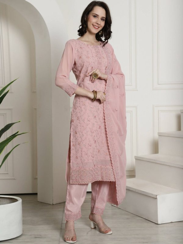 Aastha Fashion Women s Pink Georgette Floral Resham Thread with Cording & Crystal work Kurta with Trouser & Dupatta For Discount