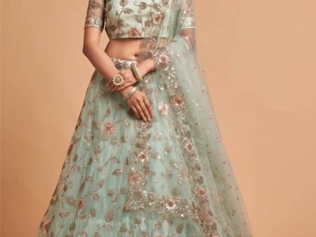 Aastha Fashion Women s Remarkable Pista Green Thread Net Party Wear Lehenga Choli Discount