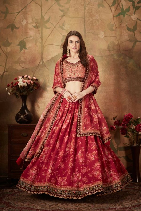 Aastha Fashion Women s Stunning Maroon Floral Print Organza Silk Wedding Lehenga Choli With Peach Blouse Sale