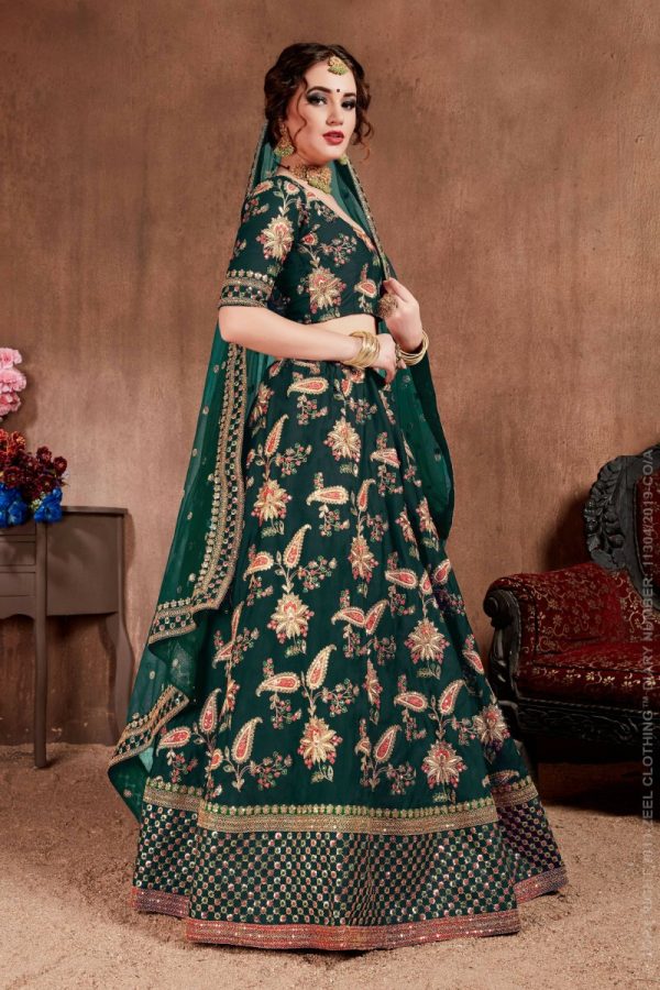 Aastha Fashion Women s Ethnic Dark Green Colored Bridal Wear Designer Embroidered Lehenga choli Discount