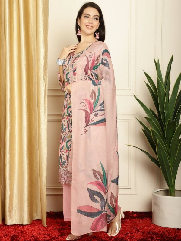 Aastha Fashion Women s Pink Muslin Digital Printed with Embroidered Lace work Kurta with Trouser & Dupatta For Sale