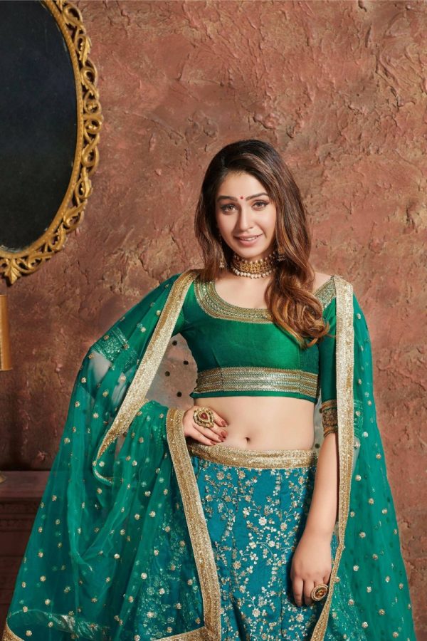 Aastha Fashion Women s Teal Green Sequins Art Silk Wedding Wear Lehenga Choli For Discount