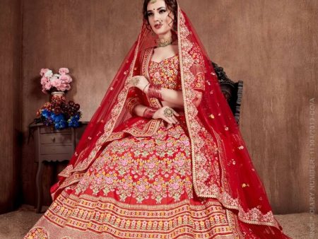 Aastha Fashion Women s Flattering Red Colored Designer Bridal Wear Embroidered Lehenga Choli For Discount